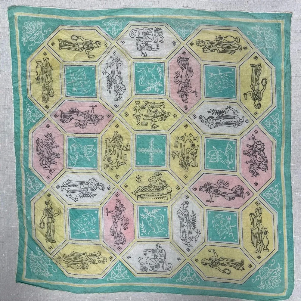 Vintage Greek Silk Hexagon Zodiac Mythology Scarf Neckerchief